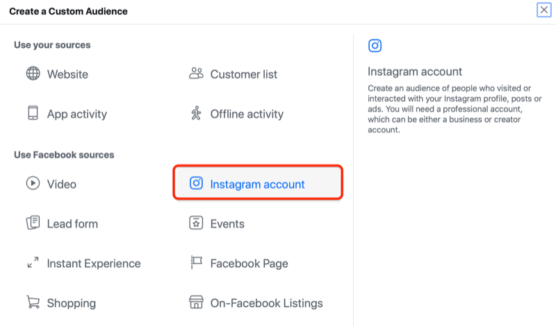 facebook ads manager create a custom audience menu with instagram account option highlighted