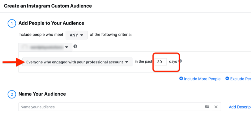 menu to create an instagram custom audience with the option to add people who engaged with your professional account in the past 30 days