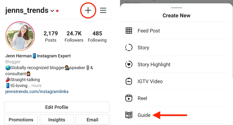 example instagram profile with the + icon highlighted and the create new pop-up menu displayed with the guide option highlighted