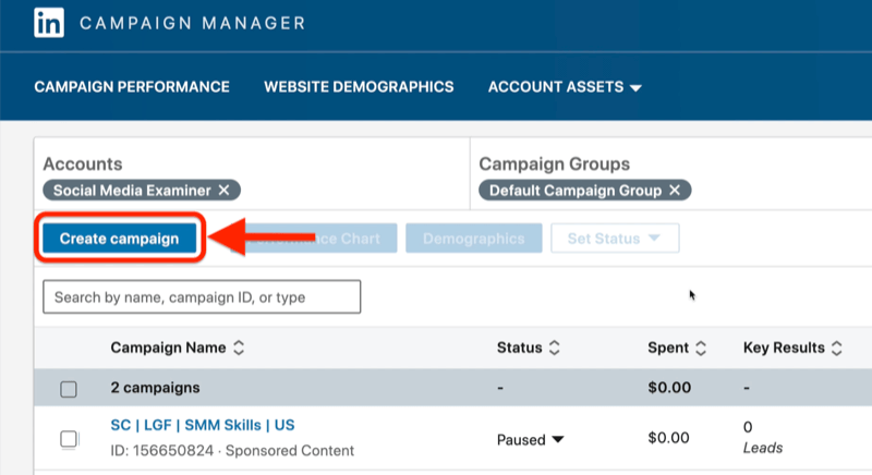 linkedin campaign manager ads dashboard example with the create campaign button highlighted