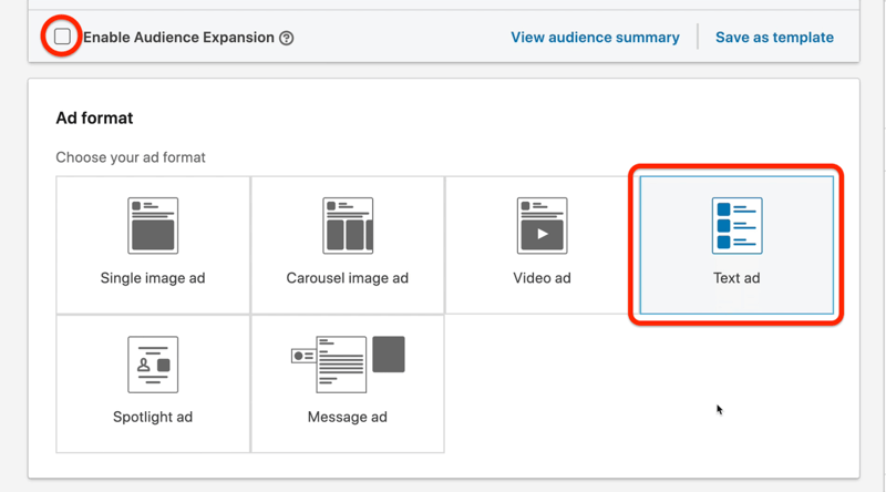 example linkedin ad campaign target audience option highlighted to uncheck the enable audience expansion and the ad format menu with the text ad option highlighted