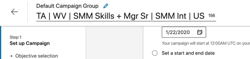 example linkedin ad campaign name set to ta | wv | smm skills + mgr sr | smm int | us