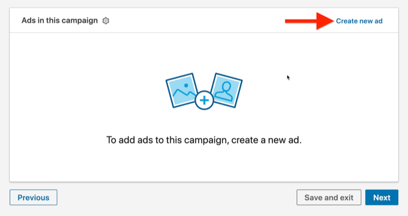 example linkedin ad campaign ad level with the create new ad option highlighted