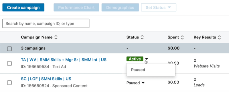 example linkedin campaign manager dashboard with the created campaign shown as active with the dropdown clicked to show the option to pause the campaign