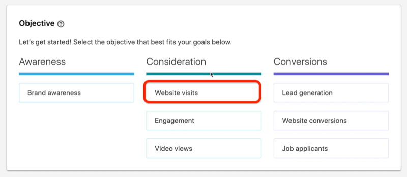 linkedin ad campaign objective menu with website visits highlighted under the goal of consideration