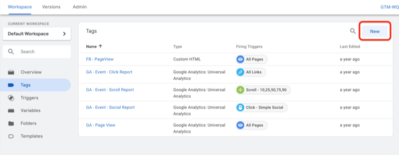 example google tag manager dashboard workspace with tags selected and several example tags shown with new button highlighted on the top right