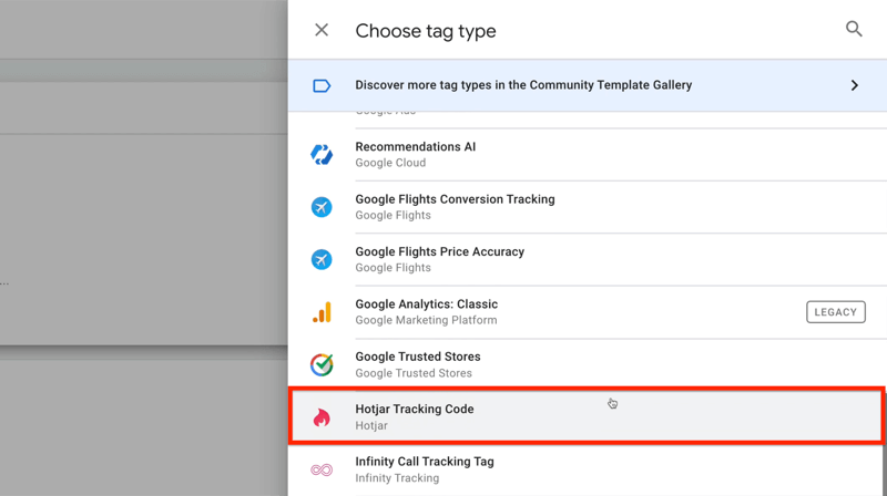 new google tag manager tag with choose tag type menu options with hotjar tracking code highlighted