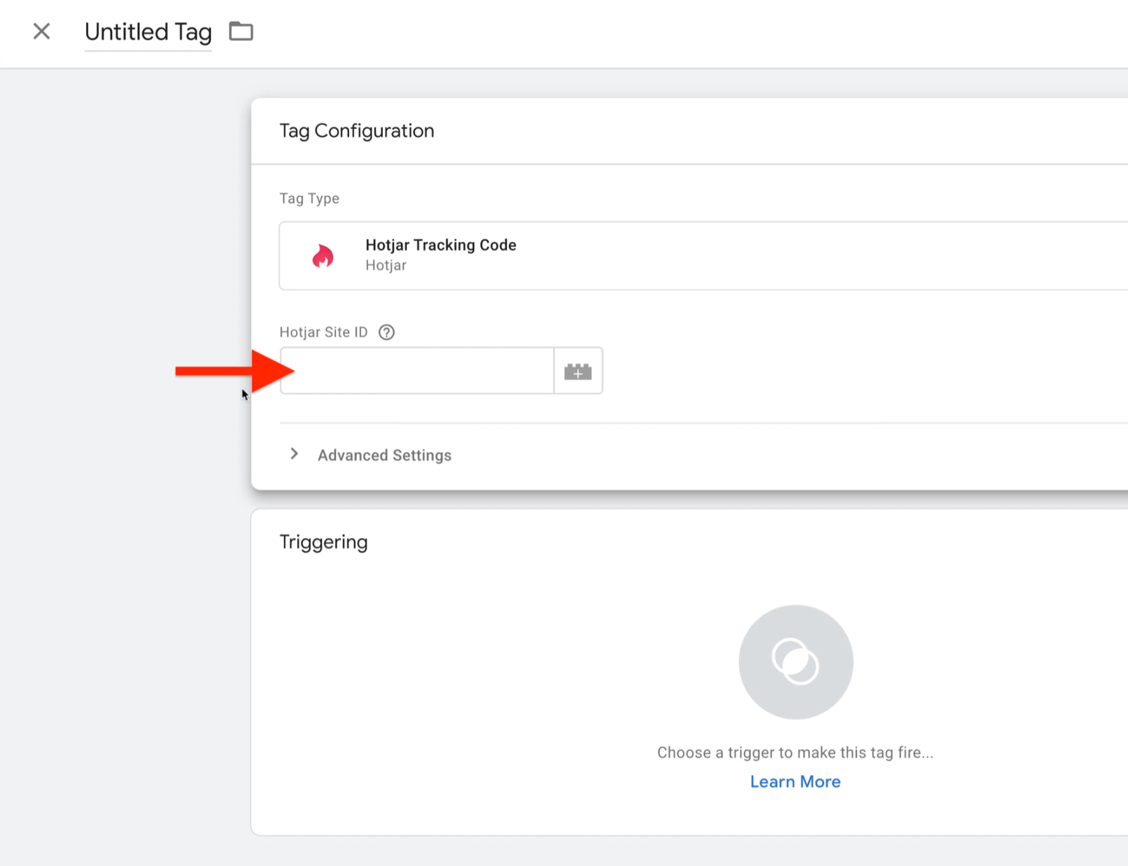 new google tag manager tag with new hotjar site id field highlighted, due to tag type selected of hotjar tracking code selected