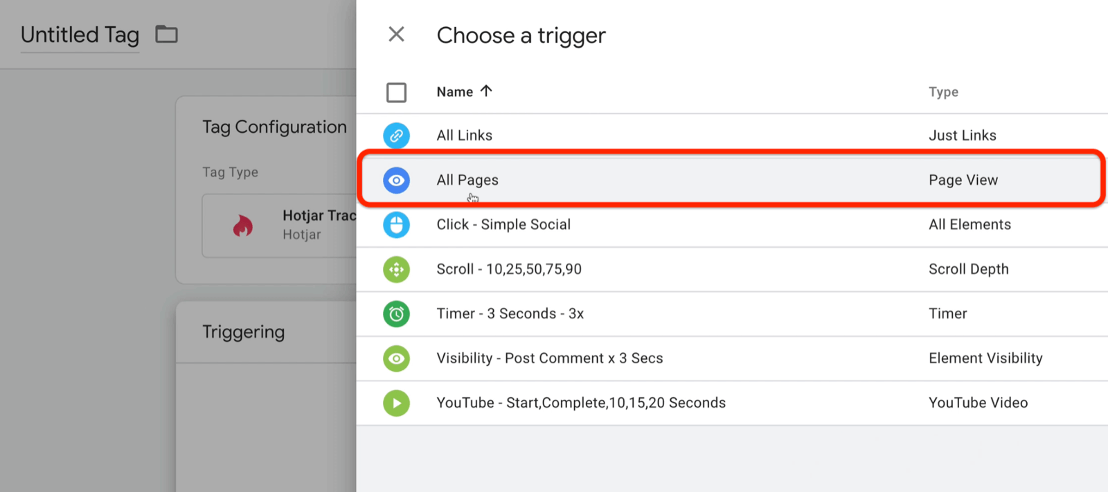 new google tag manager tag with choose a trigger menu options with several noted, including click - simple social, scroll - 10,25,50,75,90, time - 3 seconds - 3x, among others with all pages selected