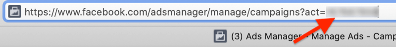 facebook ads manager account id number example url with the portion of the url after act= highlighted (and blurred out)