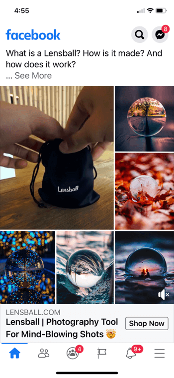 example facebook ad collage for lensball, showing the product in a small black drawstring bag along with 5 example shots of the product in use in pictures