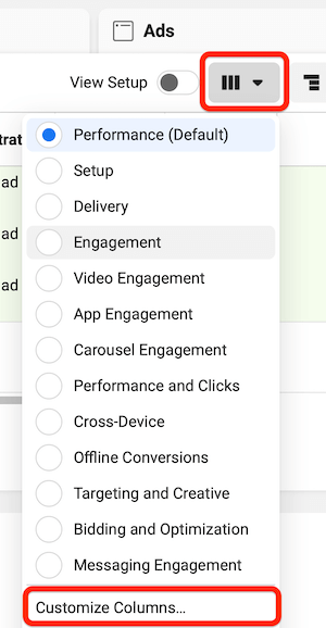 facebook ads manager menu with the reporting columns button selected, and the option to customize columns highlighted