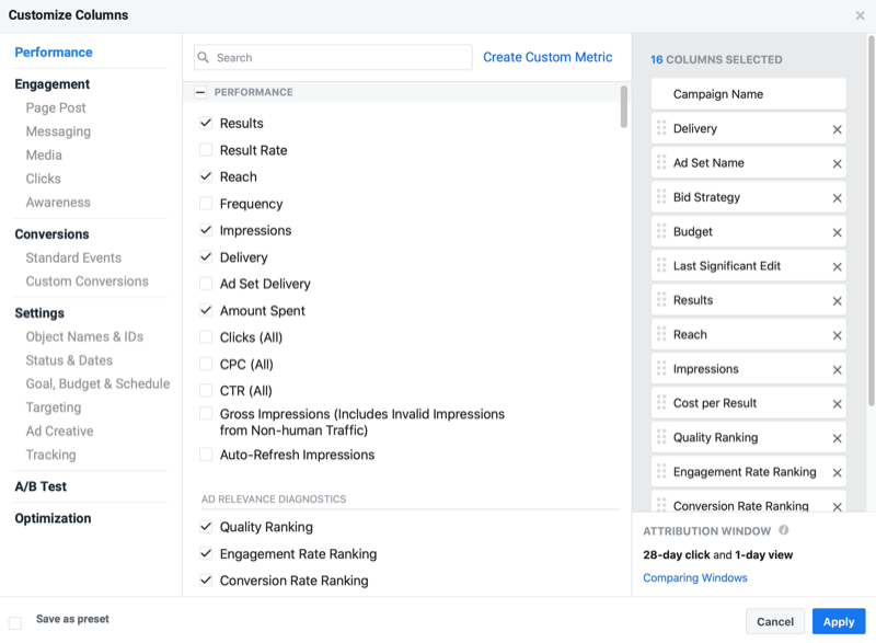 facebook ads manager customize columns options including engagement, conversions, and settings options, etc.