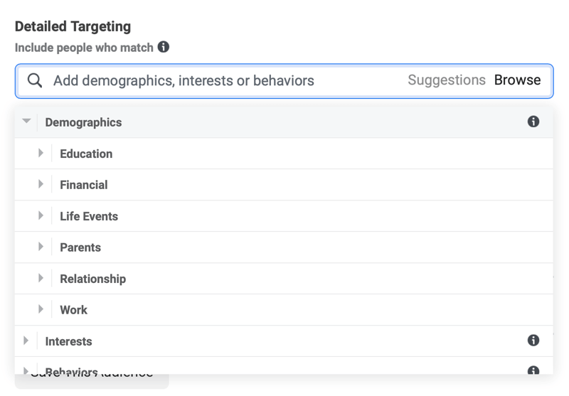 facebook ads detailed targeting demographics categories menu including education, financial, life events, etc.