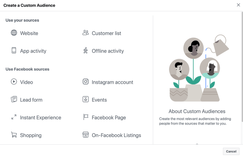 instagram custom audience menu noting audience source options of website, customer list, app activity, and offline activity; and facebook sources of video, instagram account, lead form, event, instant experience, facebook page, shopping, and on-facebook listings