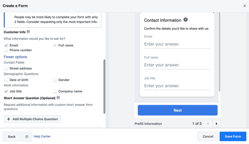 example lead form generation menu options to collect email, full name, job title along with an ad preview for the lead collection form