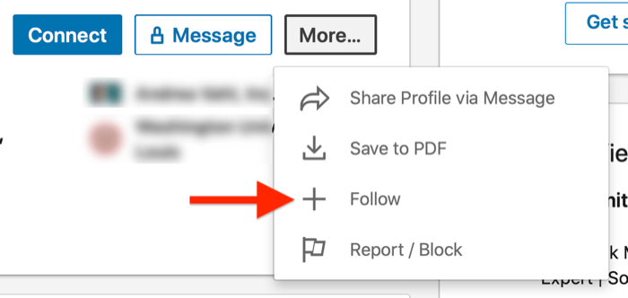 linkedin profile more... menu with the 'follow' option highlighted