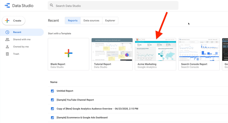 example google data studio account showing the 'recent' tab with 'reports' selected, showing a few example reports and report templates with the acme marketing template for google analytics highlighted