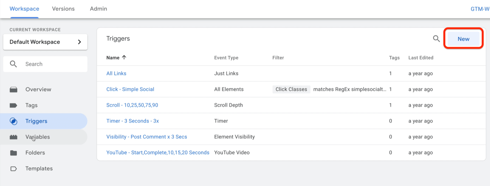 example google tag manager dashboard workspace with triggers selected and several example triggers shown with new button highlighted on the top right