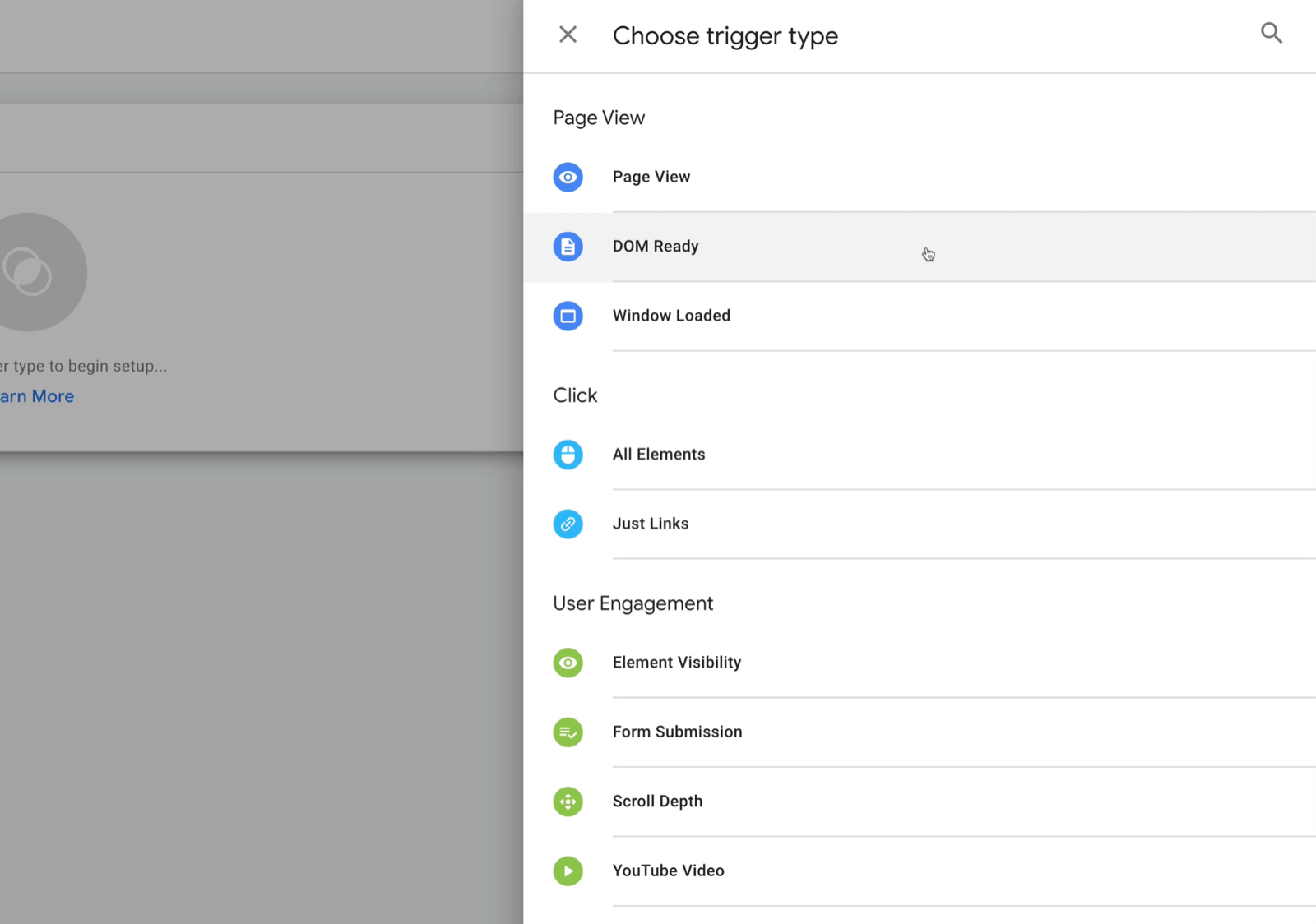 new google tag manager tag with choose a trigger type menu options, including page view, dom ready, all elements, form submission, and scroll depth, among others