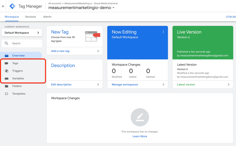 example google tag manager dashboard with menu options of tags, triggers, and variables highlighted