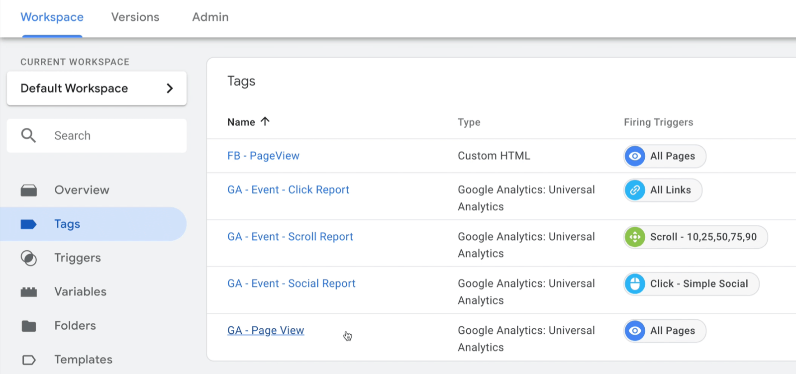example google tag manager dashboard workspace with tags selected and several example tags shown with type and firing trigger noted for each