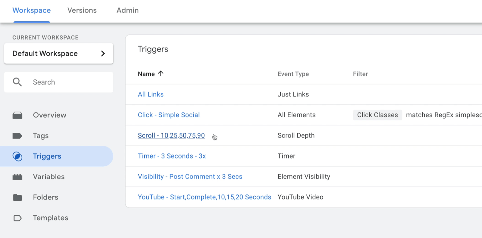 example google tag manager dashboard workspace with triggers selected and several example triggers shown with event type and any filter noted