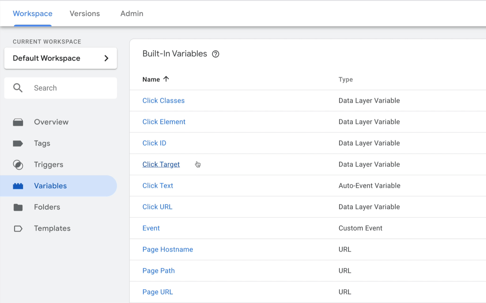 example google tag manager dashboard workspace with variables selected and several example variables shown with type noted for each
