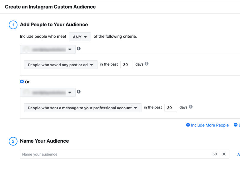 menu to create an instagram custom audience with the option to add people to your audience who saved any post or ad in the past 30 days or who engaged with your professional account in the past 30 days