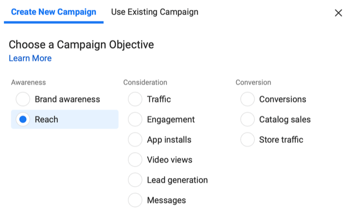 instagram create new campaign menu with the reach objective selected under awareness