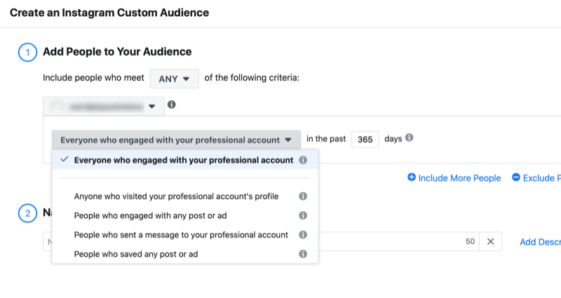 menu to create an instagram custom audience with the option to add people to your audience who engaged with your professional account with the option to set the number of days for the engagement period