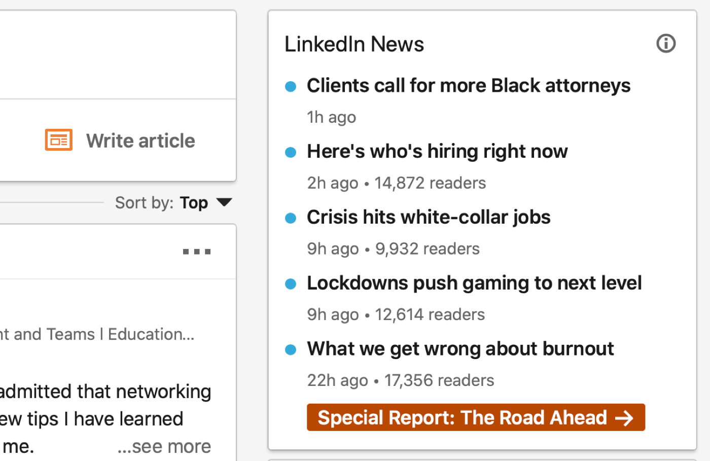 example screenshot of linkedin home page with the linkedin news section central to the image