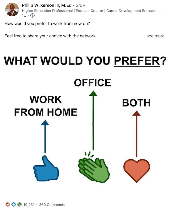 example linkedin post asking people to respond with reactions to vote for their preferred workplace going forward