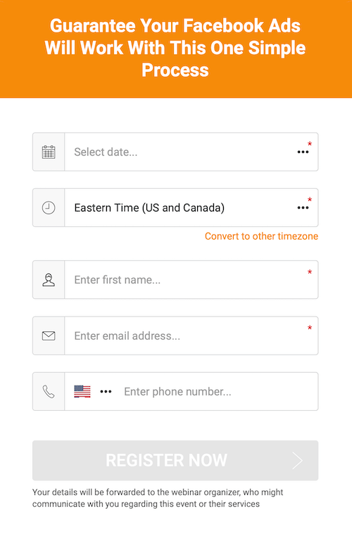 facebook lead form ad with option to select the date and time of the webinar, with fields for name, email address, and phone number