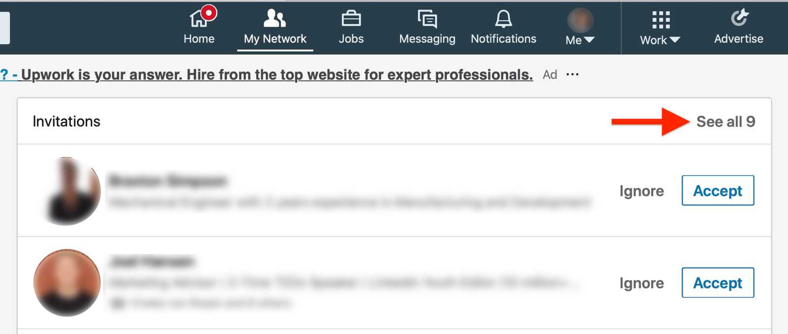 linkedin my network tab invitations page with the see all option highlighted