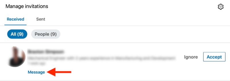 linkedin manage invitations > all received page with the message option under a connection invitation request highlighted