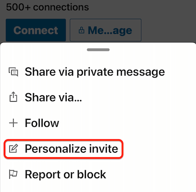 linkedin mobile profile more... menu with the 'personalize invite' option highlighted