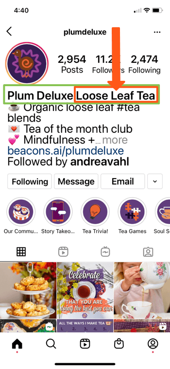 example instagram profile for @splumdeluxe showing key words of 'plum deluxe' and 'loose leaf tea' in the bio of their page, allowing them to show up well in search results