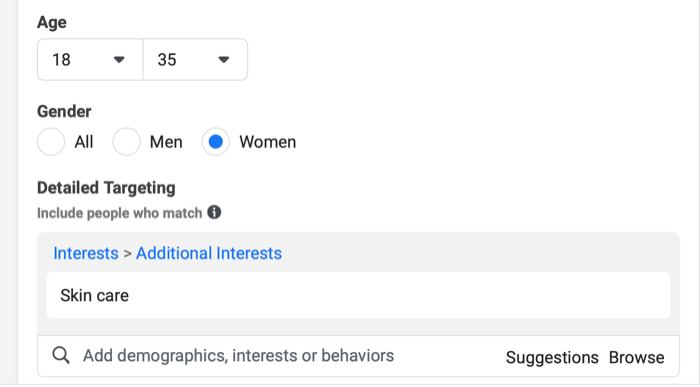 instagram new campaign audience menu with example ages, genders, and detailed targeting options