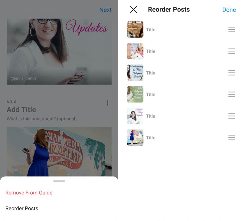 example create new instagram guide with the three dots menu selected on a post showing the options of remove from guide or reorder posts, alongside an example reorder posts menu where 6 slides are shown each with a three-lines menu to drag and redorder the slides