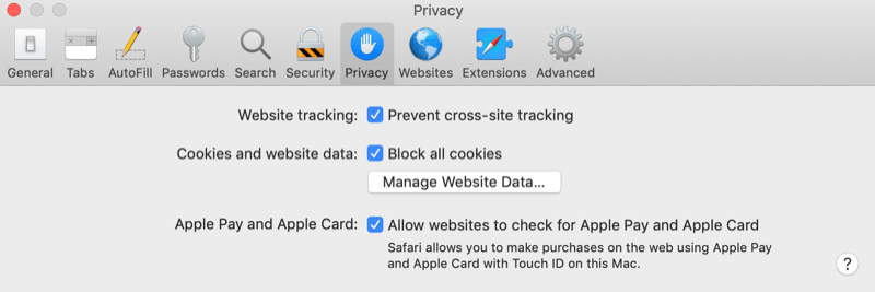 example safari preferences menu set to the privacy tab with boxes checked for 'website tracking: prevent cross-site tracking', 'cookies and website data: block all cookies', along with 'apple pay and apple card: allow websites to check for apple pay and apple card'