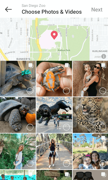 example create instagram places guide for @sandiegozoo at the option to select photo & videos with several example posts offered for selection