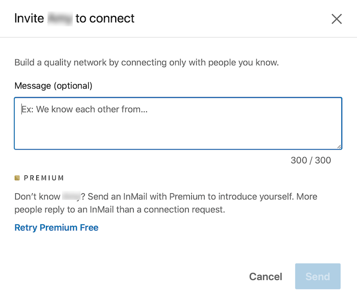 linkedin connection request with the option to add a note highlighted