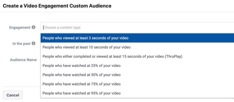 facebook video engagement custom audience create menu showing several options of people who viewed at least a few seconds to 25%, 50%, 75%, and 95%, or watched to completion