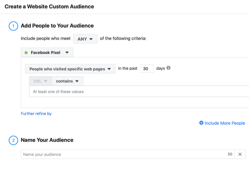 example facebook create a website custom audience menu including the options to add any people who visited specific web pages in the past 30 days using the facebook pixel along with the option to name your audience