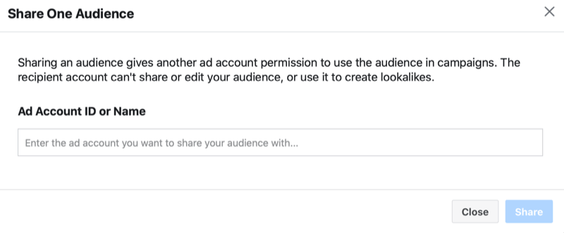 facebook ads manager share a custom audience > share one audience menu with the option to add an ad account id or name