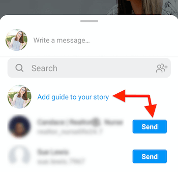 instagram guide share menu with the options highlighted for add guide to your story and send to a specific person
