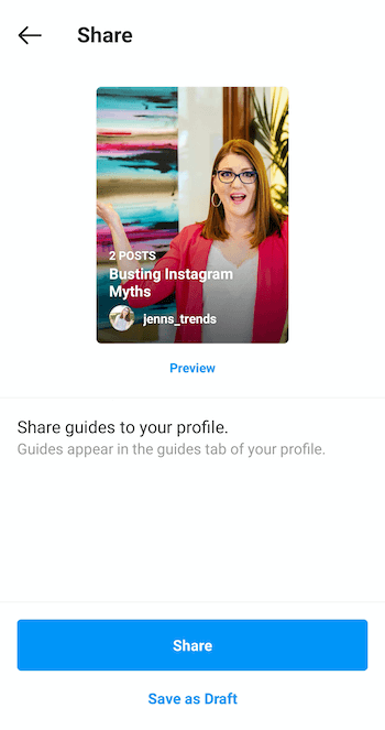 example create now instagram guide share screen with preview in blue below the cover image, along with lower button options of share and save as draft