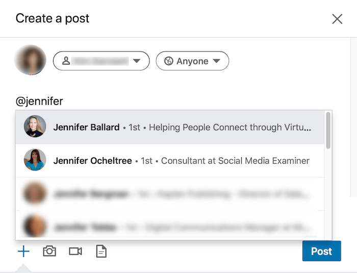example linkedin create a post option to tag individual(s)