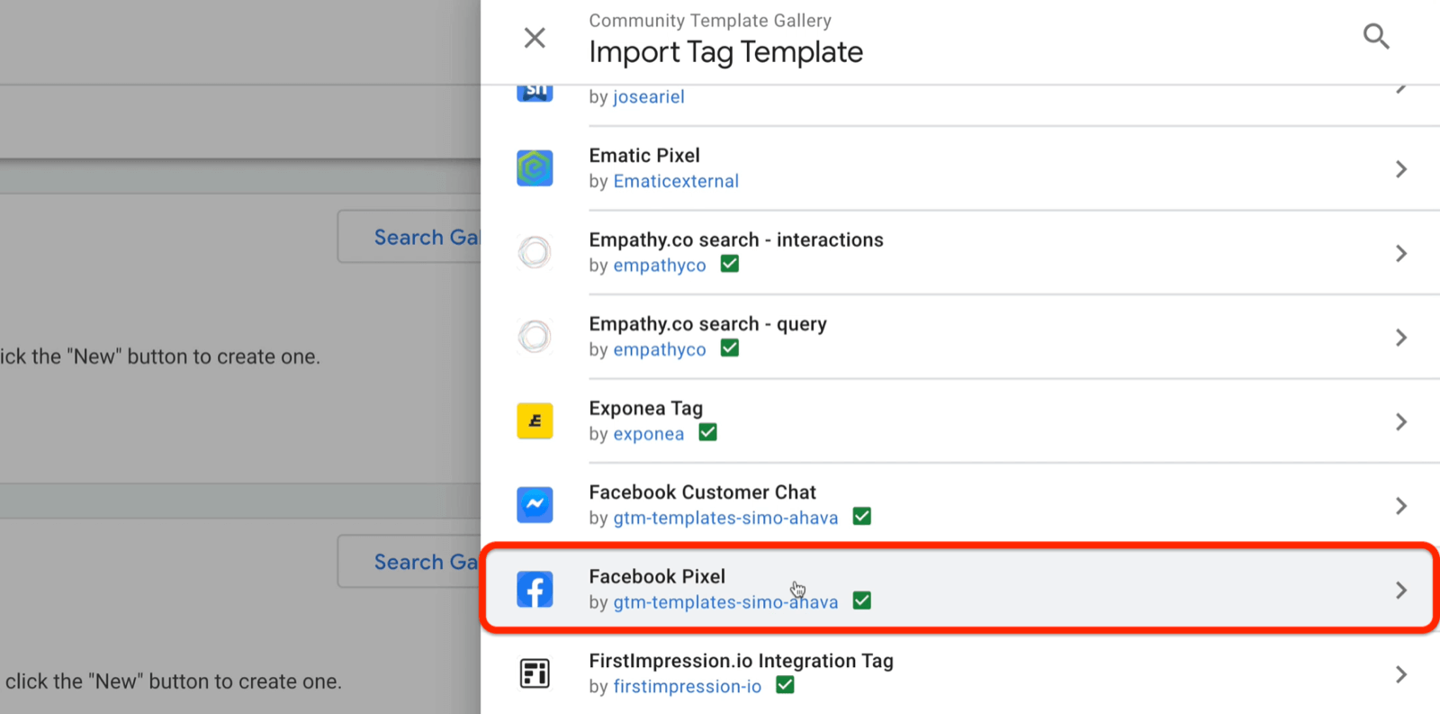 google tag manager community template gallery import tag template menu with example templates of ematic pixel, exponea tag, facebook customer chat, among others with facebook pixel highlighted